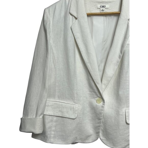Cato Women White Cropped Linen Blend Blazer Jacket XL Shoulder Pads Minimalist - Picture 7 of 16